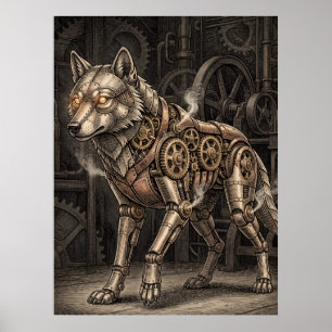 Poster Loup mécanique Steampunk engrenages en laiton vict