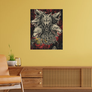 Poster Loup mythique multi-tête dans des tourbillons somb