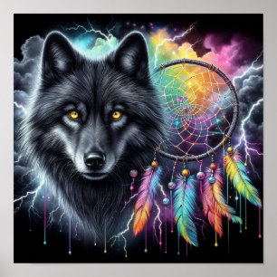 Poster Loup noir avec attrape-rêves