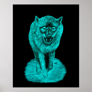 Poster Loup noir en colère dans la nuit