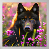 Poster Loup noir en fleurs roses (Devant)