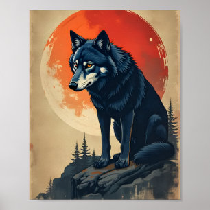 Poster Loup noir sous lune de sang
