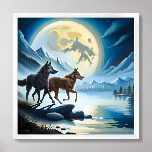 Poster loup peinture lune rivière nuit noire roche de mon