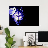 Poster Loup Pleine Lune Bleu Noir (Bureau à domicile)