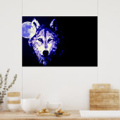 Poster Loup Pleine Lune Bleu Noir (Cuisine)