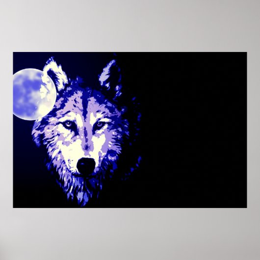 Poster Loup Pleine Lune Bleu Noir (Devant)