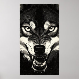 Poster Loup qui gronde 50s Style Graphique Noir Blanc