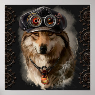 Poster Loup rouge dans un casquette steampunk