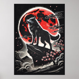 Poster Loup solitaire dans la lune rouge - Art de tatouag