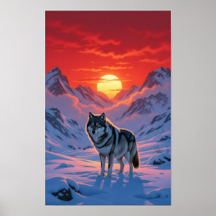 Poster Loup solitaire debout contre le coucher du soleil