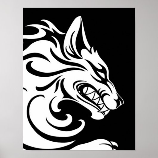 Poster Loup tribal noir et blanc agressif (Devant)