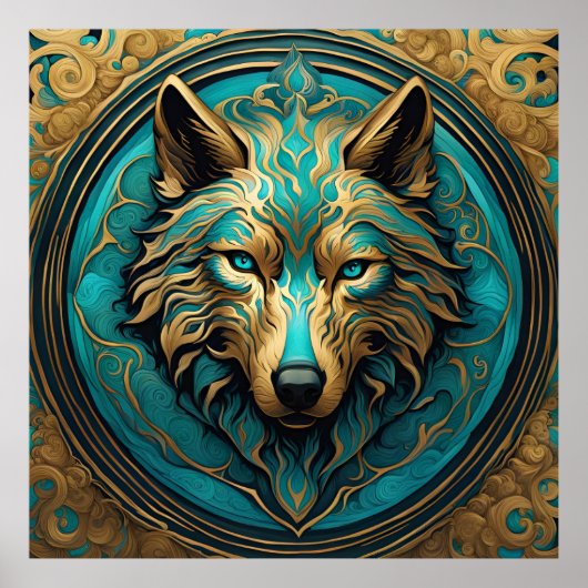 Poster Loup Turquoise et Or (Devant)