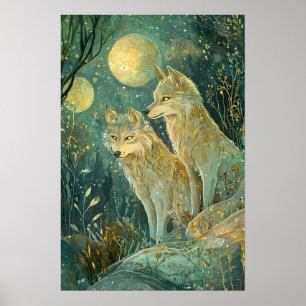 Poster Loups De Forêt Enchantés Au Feu De La Lune