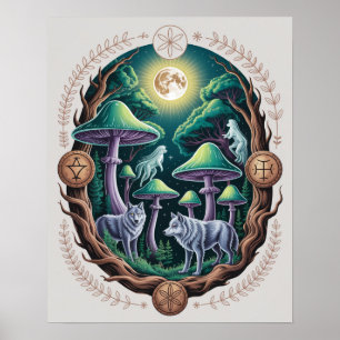 Poster Loups enchantés au clair de lune et champignons ps