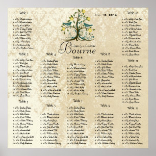 Poster Love Bird Vintage Damask Seating Chart 12 Tables