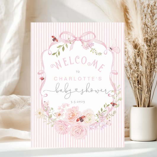 Poster Love Bug Pink Bow Stripes Baby Shower Welcome Foam
