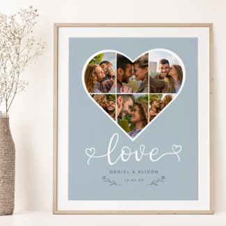 Poster Love Heart Photo Collage Grille Couple Bleu