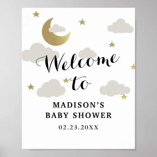 Poster Love Moon et Back Star Clouds Baby shower Bienvenu (Devant)