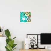 Poster Love Peace Abstrait Hippie Boho Turquoise Batik Ti (Bureau à domicile)