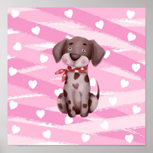 POSTER "LOVE PUPPY" AUX COEURS ROSE ET BLANC