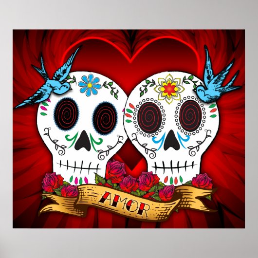 Poster Love Skuls with Bluebirds Poster/Imprimer (Devant)