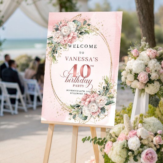 Poster Lovely Boho Dusty Pink Greenery 40th Birthday  