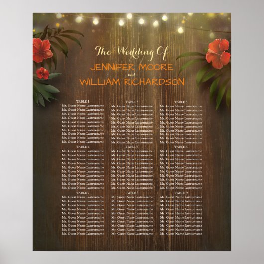 Poster Luau Tropical Beach Flowers Mariage Seating Chart (Devant)