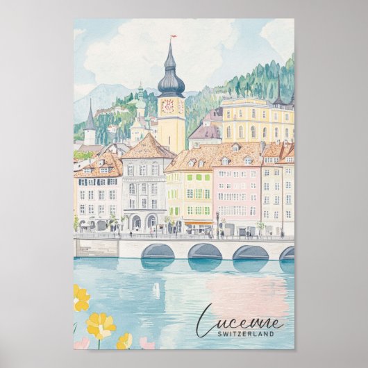 Poster Lucerne Suisse Gouache Illustration Voyage (Devant)