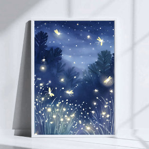 Poster Lucioles la Nuit   Luciole Bleu Aquarelle