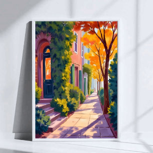 Poster Lueur de rue de la ville d'automne Aquarelle aut