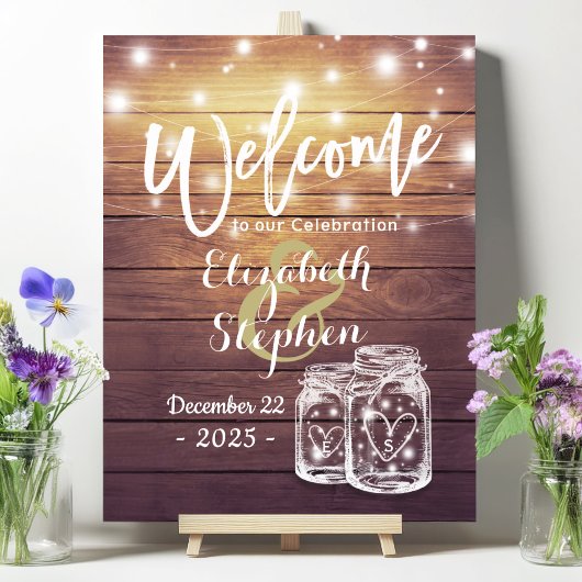 Poster Lumière de mariage de pot de maçon en bois rustiqu