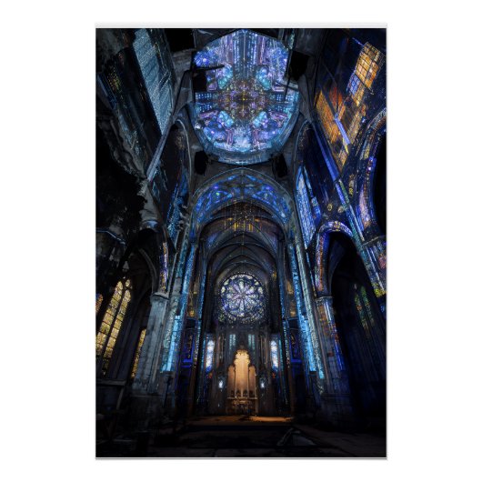 Poster Lumière de projection de vitrail de cathédrale en  (Devant)