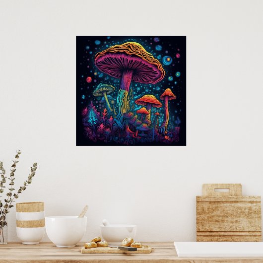 Poster Lumière psychédélique du champignon dans l'obscuri (Cuisine)