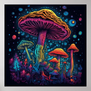 Poster Lumière psychédélique du champignon dans l'obscuri