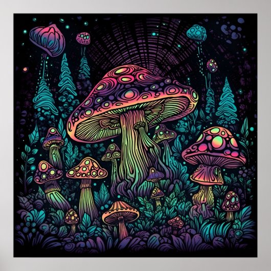 Poster Lumière psychédélique du champignon dans l'obscuri (Devant)