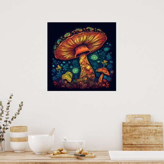 Poster Lumière psychédélique du champignon dans l'obscuri (Cuisine)