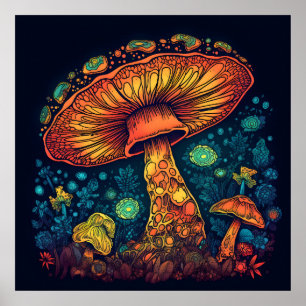 Poster Lumière psychédélique du champignon dans l'obscuri