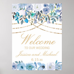 Poster Lumières de Chaîne Florales Bleues de Mariage Blan