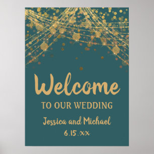 Poster Lumières de chaîne sarcelle dorée Bokeh Mariage Bi