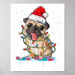Poster Lumières de sapin de Noël Pug Santa Cadeaux de Noë