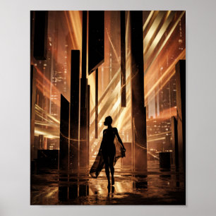 Poster Lumières dorées Ville Silhouette Art numérique