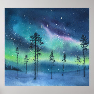 Poster Lumières du Nord, aquarelle