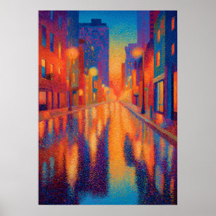 Poster Lumières Pointillistes de Rue de Ville Pluvieuse