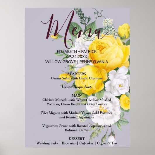 Poster Lumières rustiques Panneau du menu Floral Jaune (Devant)