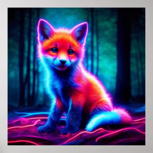 Poster Luminescent renard animal profond bois foncé (Devant)