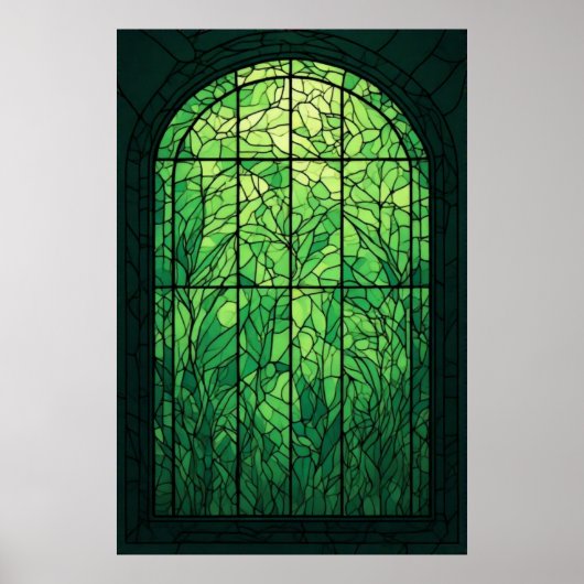 Poster Luminosité verdoyante : une fenêtre de verre de ve (Devant)