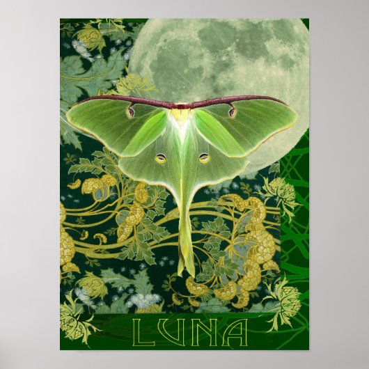 Poster Luna Moth and Moon Poster, Green Nature Collage Po (Devant)
