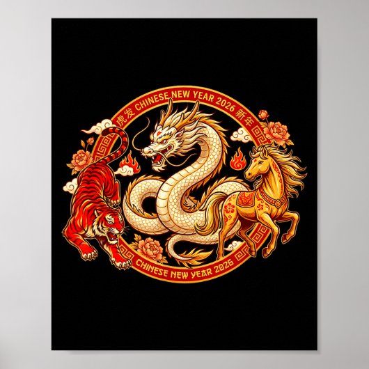 Poster Lunar Zodiac Dragon Tiger Horse Harmony Chinese Ne (Devant)