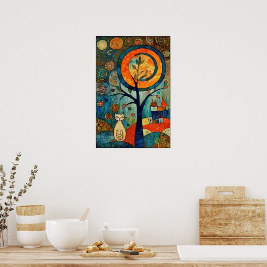 Poster Lune Abstraite : Chat Whimsical en style roman (Cuisine)
