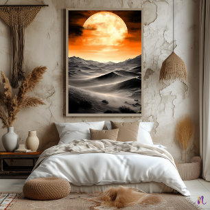 Poster Lune ardente sur les dunes du désert – Monochrome